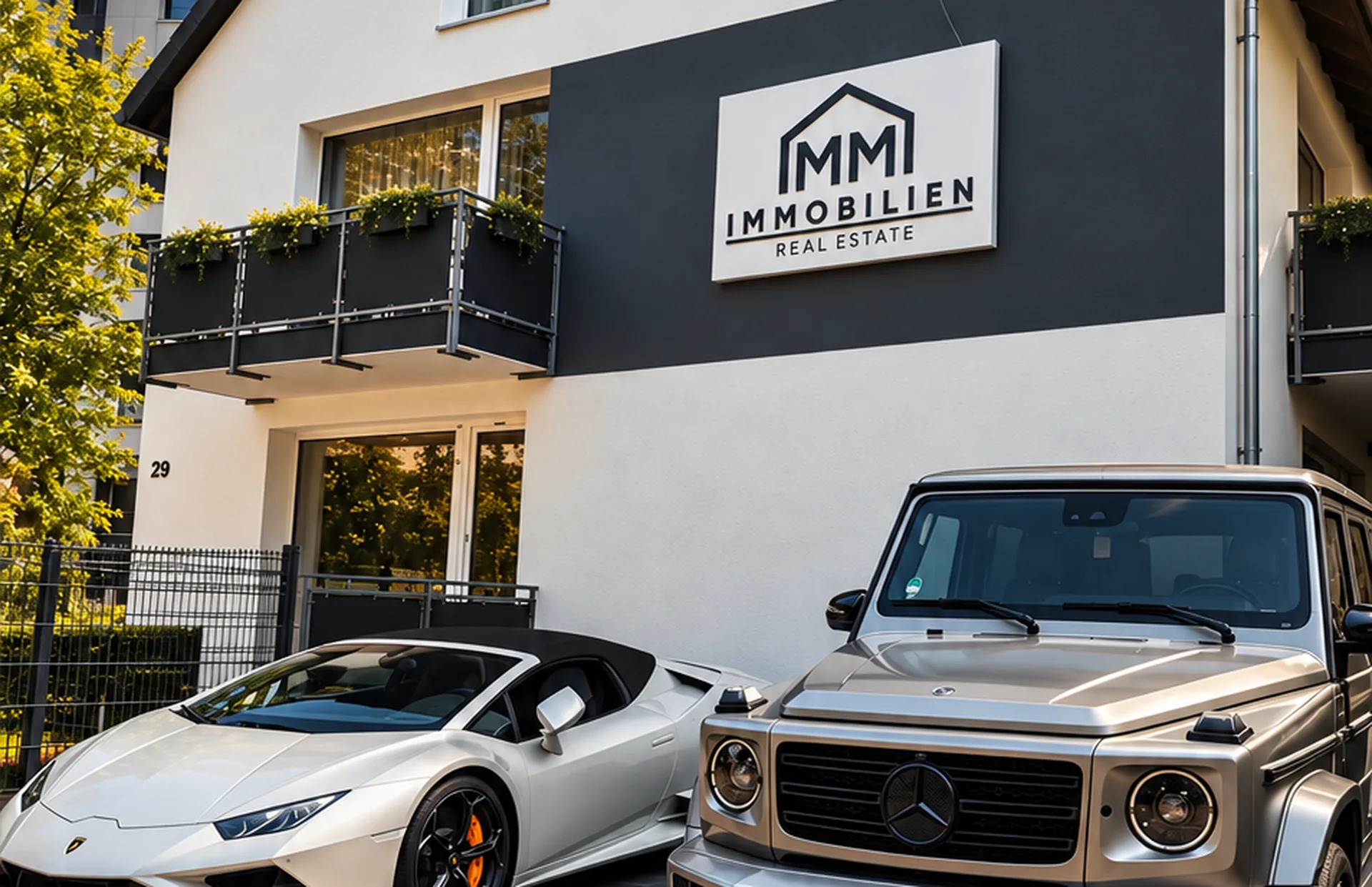 Bürogebäude von MM Immobilien in Langenhagen mit Firmenschild und Fahrzeugen in der Einfahrt